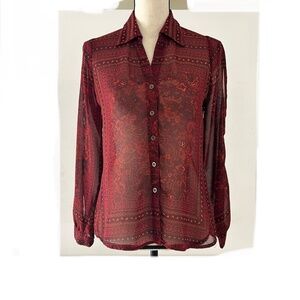 Arden B Sheer Blouse in Burgundy/Black/Reddish Orange Paisley Print sz XS
